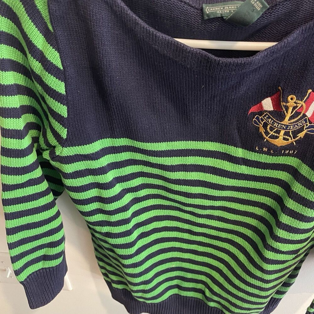 Vtg Ralph Lauren Nautical Green Sweater L Blue Stripe Embroider Preppy Fisherman - Picture 5 of 9
